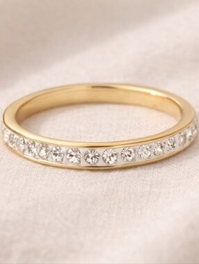 Gold Stainless Steel Rhinestone Band Ring | Stackable Minimal